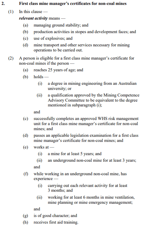 Schedule 27 Statutory certificates cl. 2 First Class Mine Manager's Certificates for Non-Coal Mines | WHS Law Regulations